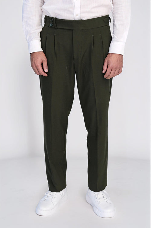 Khaki Double Pleated Buckled High Waist Slim Fit Trousers Wessi