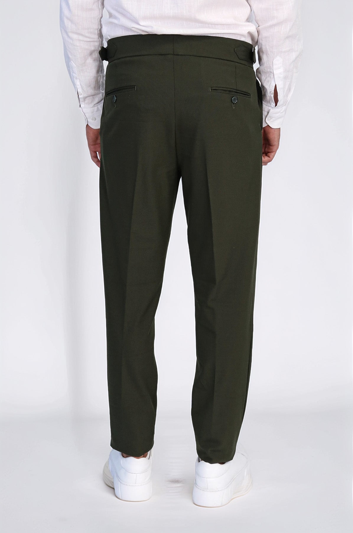 Khaki Double Pleated Buckled High Waist Slim Fit Trousers Wessi