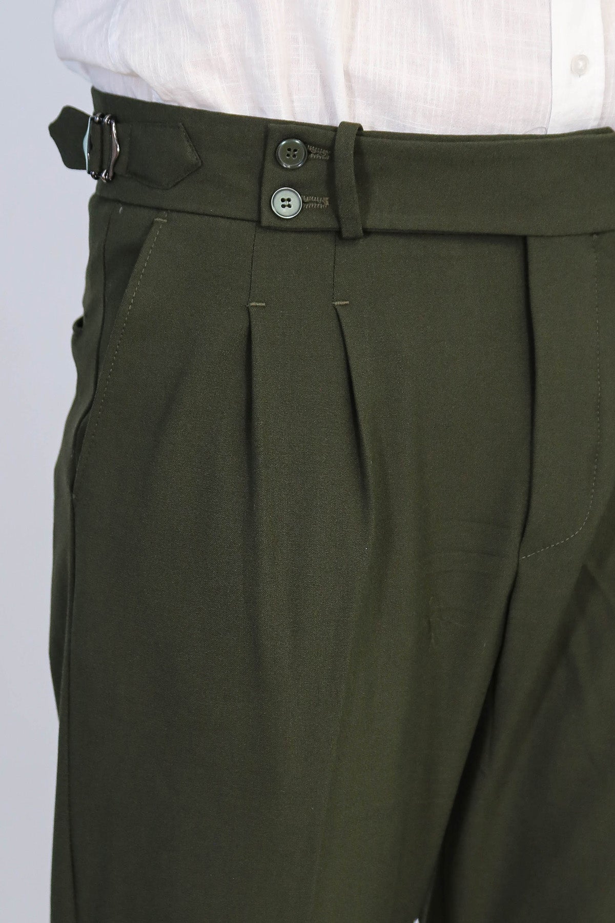 Khaki Double Pleated Buckled High Waist Slim Fit Trousers Wessi