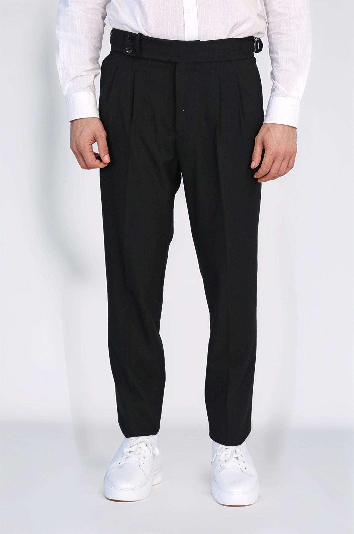 Black Double Pleated Buckled High Waist Slim Fit Trousers Wessi