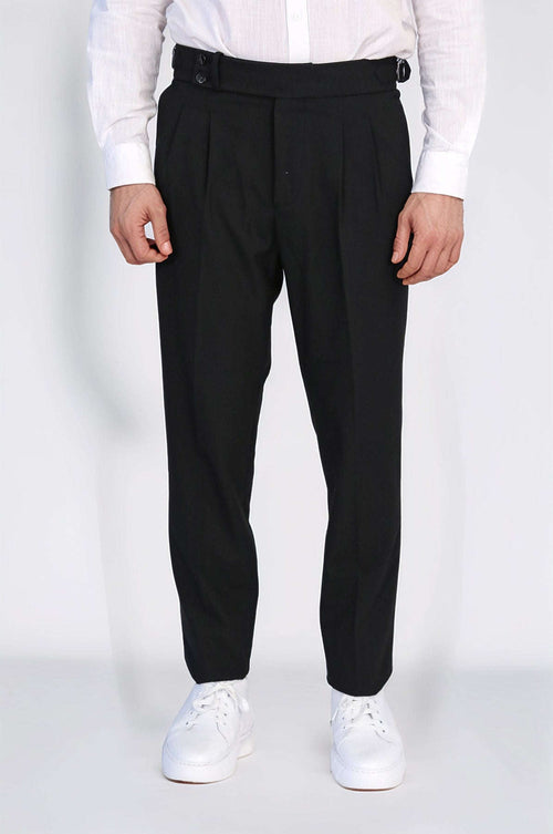 Black Double Pleated Buckled High Waist Slim Fit Trousers Wessi
