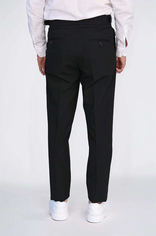 Black Double Pleated Buckled High Waist Slim Fit Trousers Wessi