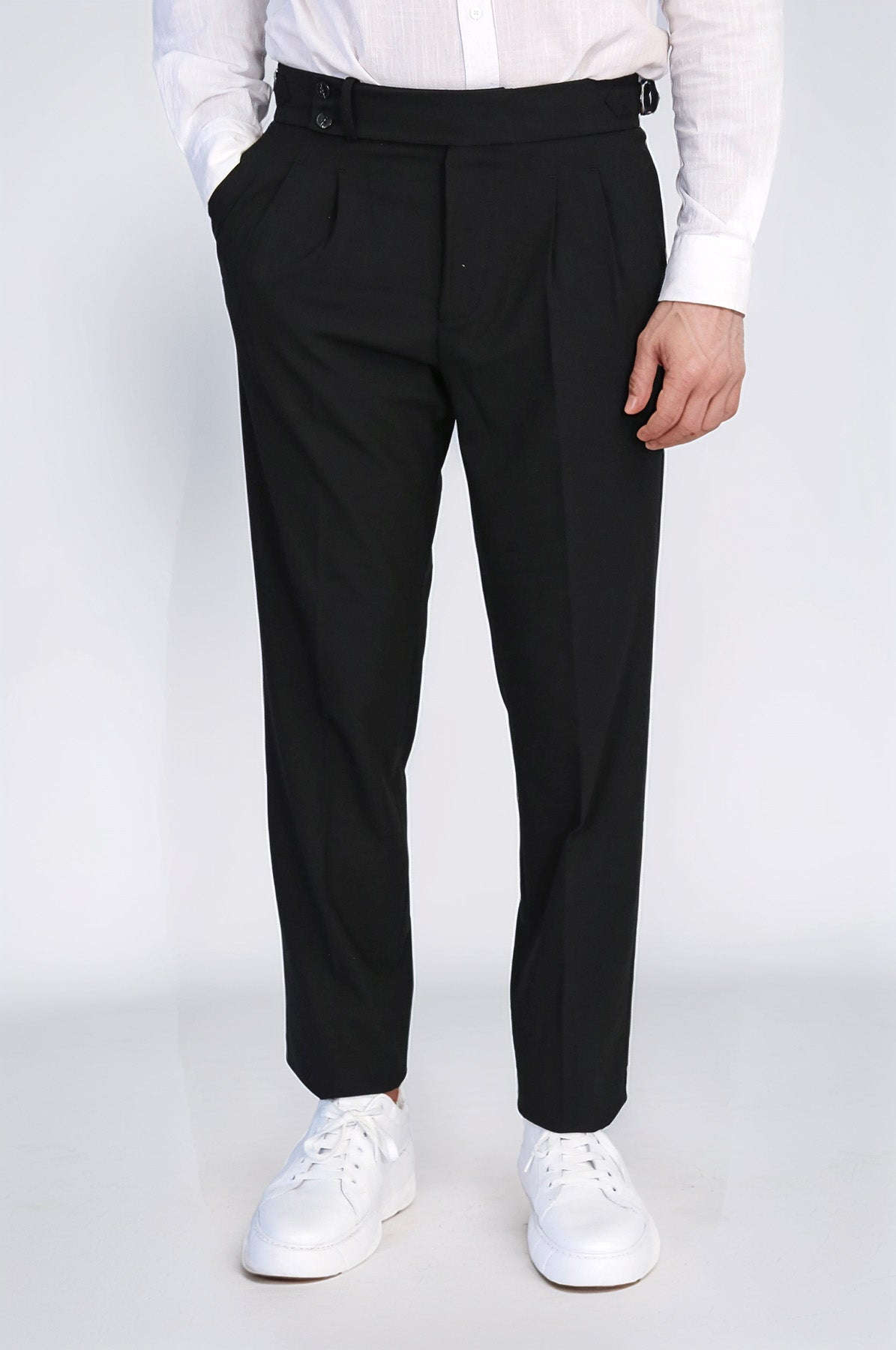 Black Double Pleated Buckled High Waist Slim Fit Trousers Wessi