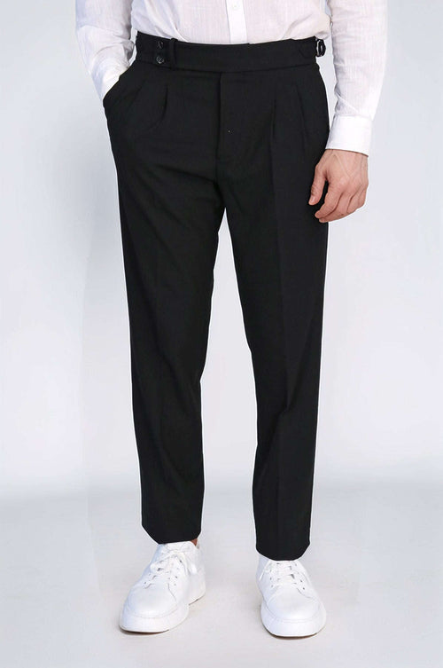 Black Double Pleated Buckled High Waist Slim Fit Trousers Wessi
