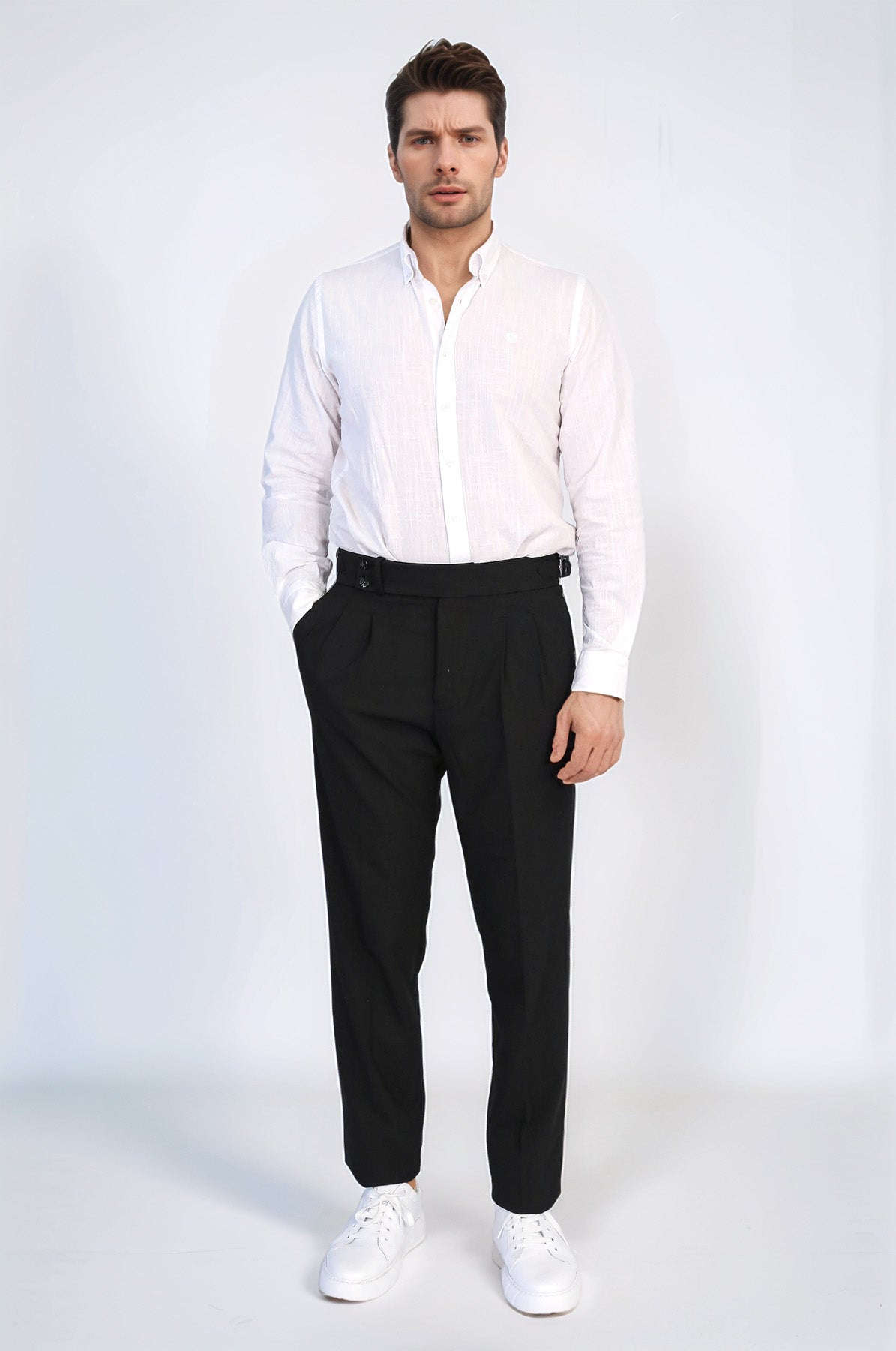 Black Double Pleated Buckled High Waist Slim Fit Trousers Wessi