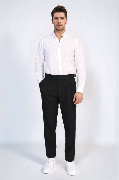 Black Double Pleated Buckled High Waist Slim Fit Trousers Wessi