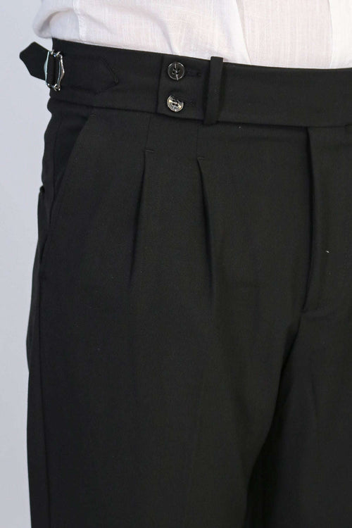 Black Double Pleated Buckled High Waist Slim Fit Trousers Wessi