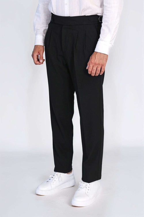 Black Double Pleated Buckled High Waist Slim Fit Trousers Wessi