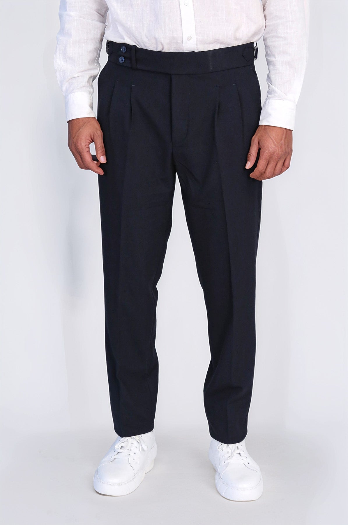 Navy Blue Double Pleated Buckled High Waist Slim Fit Trousers Wessi