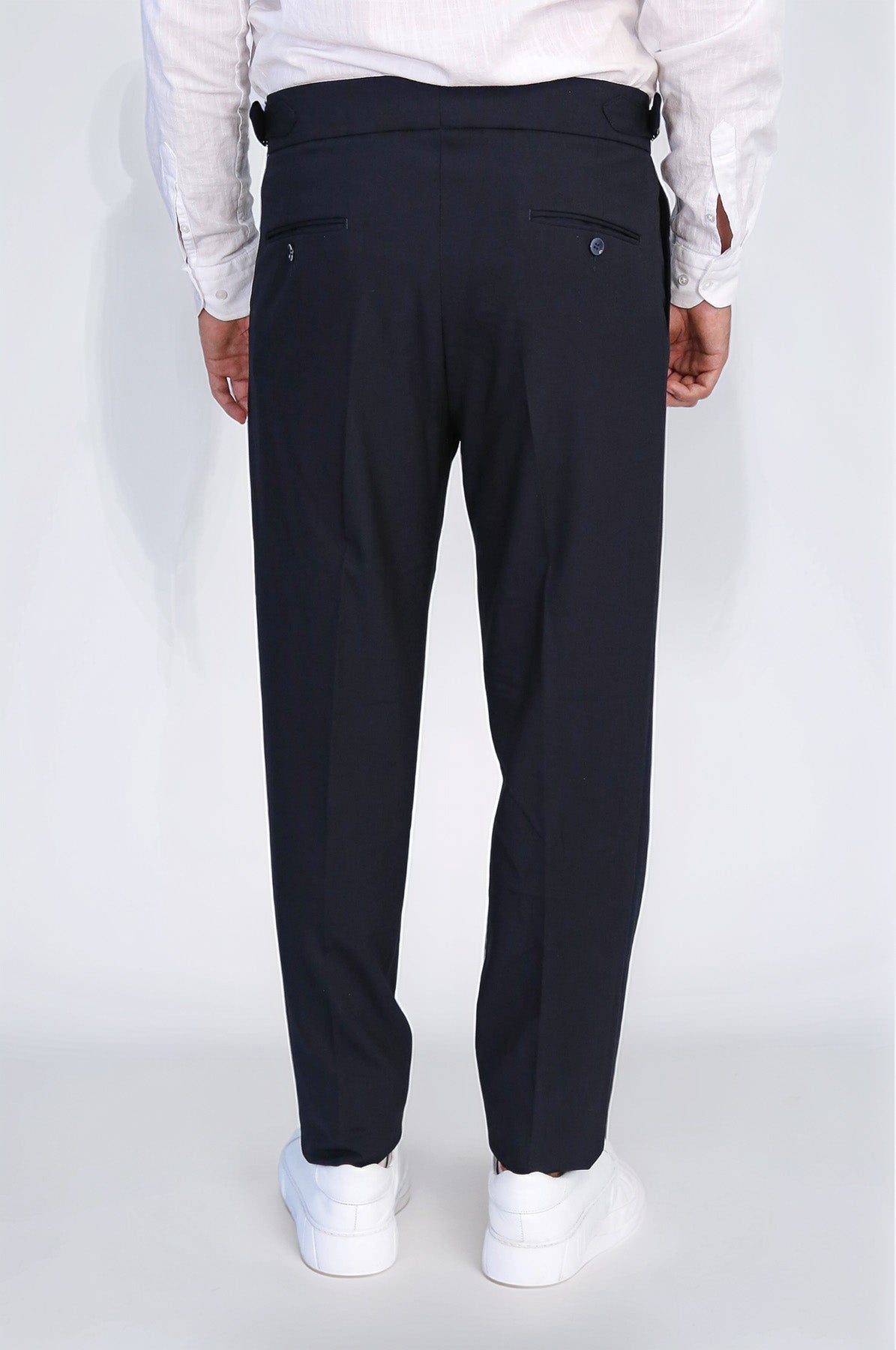 Navy Blue Double Pleated Buckled High Waist Slim Fit Trousers Wessi