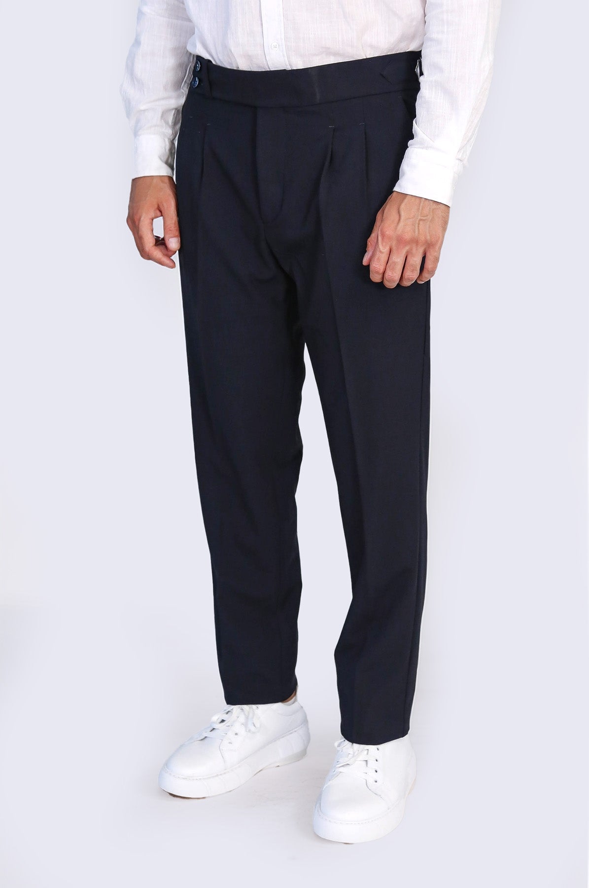 Navy Blue Double Pleated Buckled High Waist Slim Fit Trousers Wessi