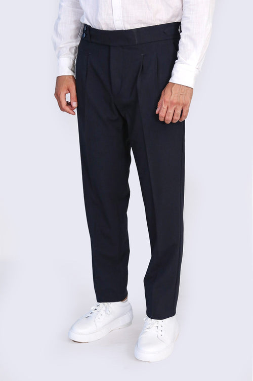 Navy Blue Double Pleated Buckled High Waist Slim Fit Trousers Wessi