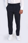 Navy Blue Double Pleated Buckled High Waist Slim Fit Trousers Wessi