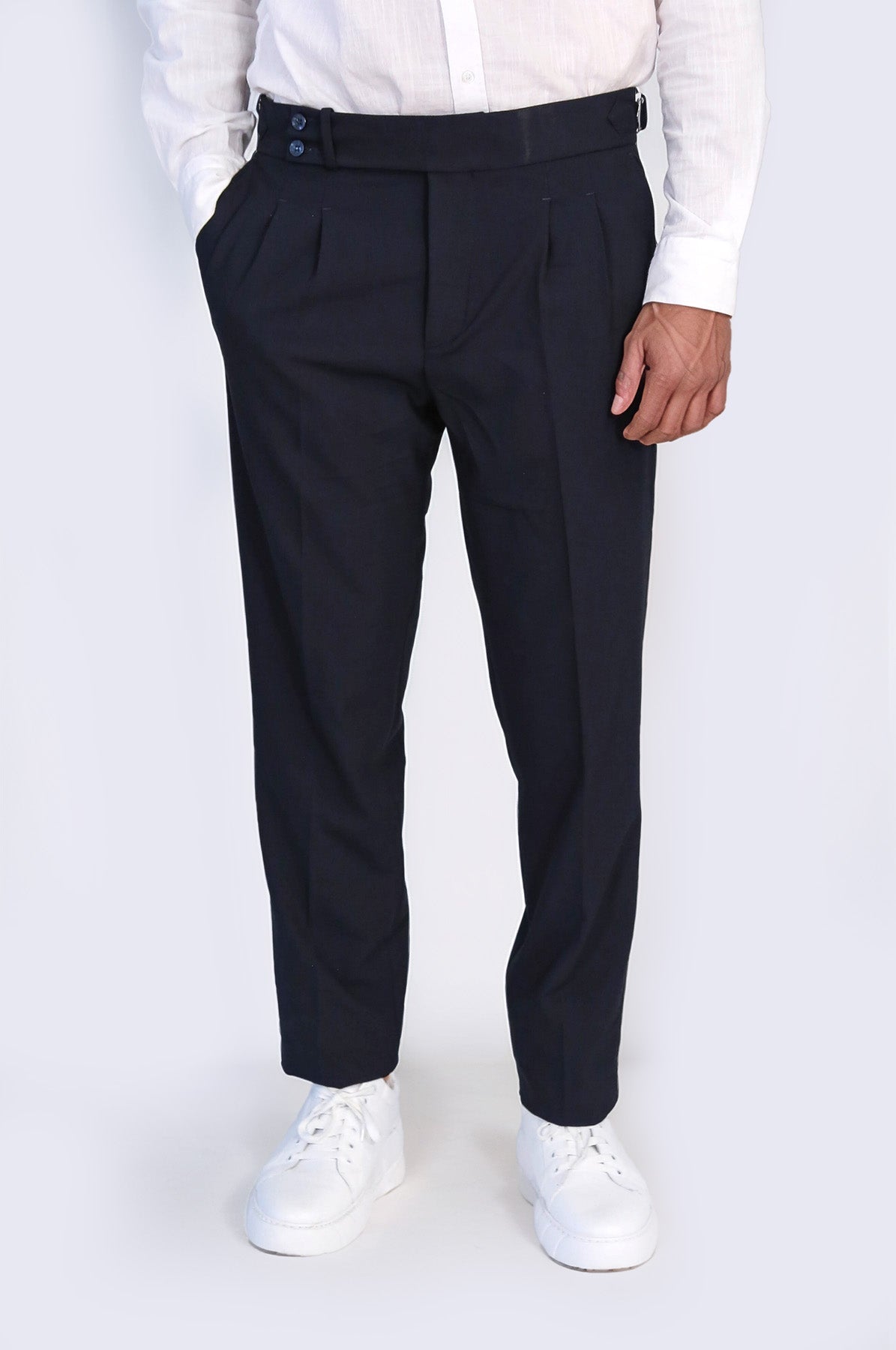 Navy Blue Double Pleated Buckled High Waist Slim Fit Trousers Wessi