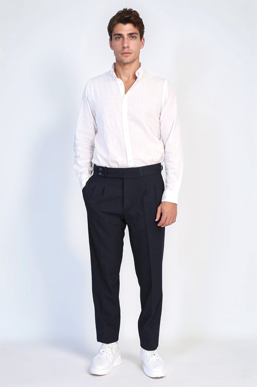 Navy Blue Double Pleated Buckled High Waist Slim Fit Trousers Wessi