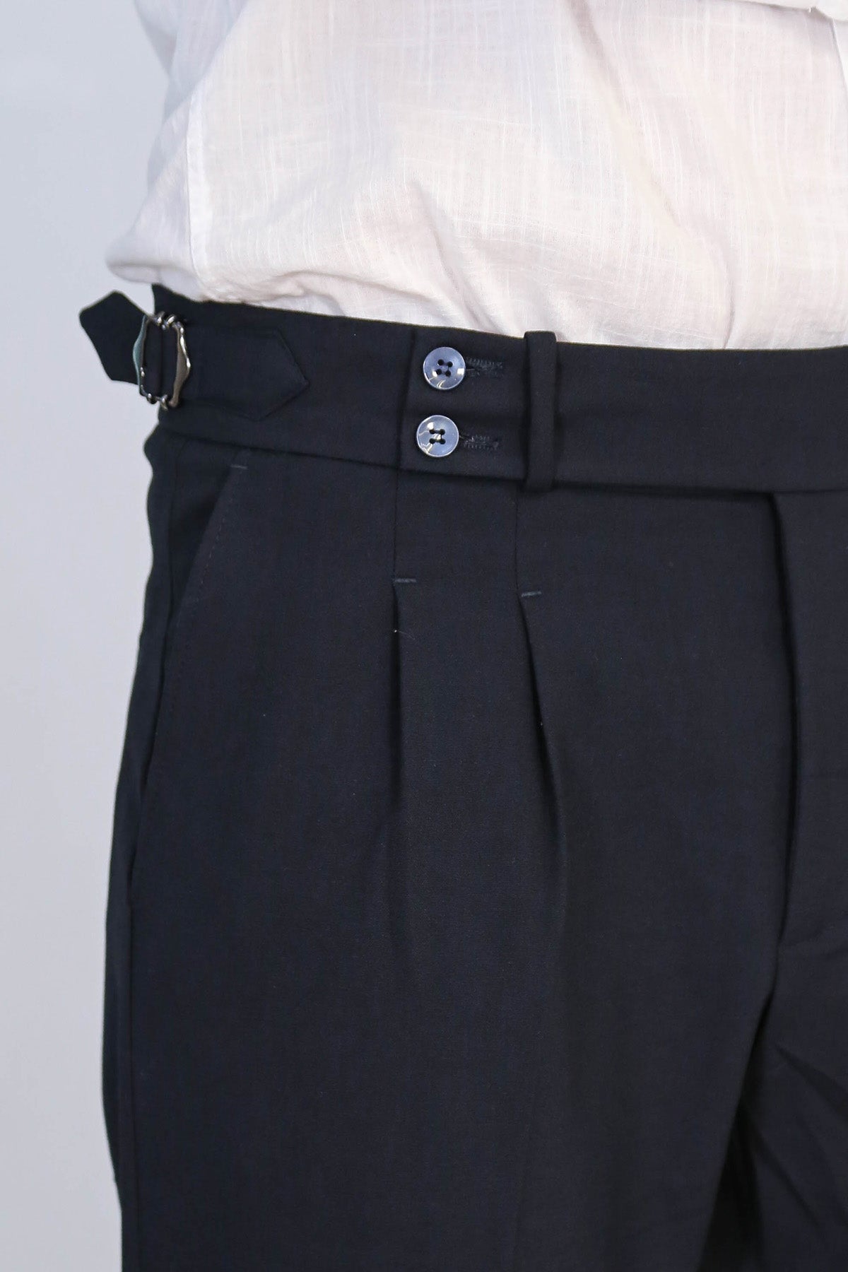 Navy Blue Double Pleated Buckled High Waist Slim Fit Trousers Wessi