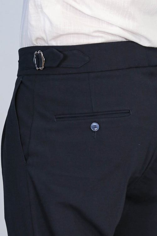 Navy Blue Double Pleated Buckled High Waist Slim Fit Trousers Wessi