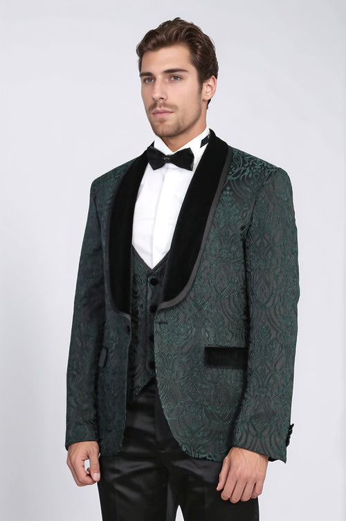 Baroque Patterned Velvet Shawl Collar Vested Green Tuxedo - Wessi