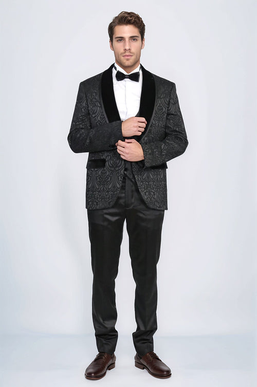 Baroque Patterned Velvet Shawl Collar Vest With Black Tuxedo- Wessi
