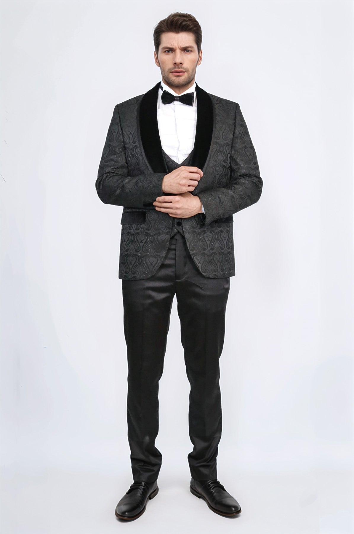 Baroque Patterned Velvet Shawl Collar Vested Glittery Black Tuxedo - Wessi