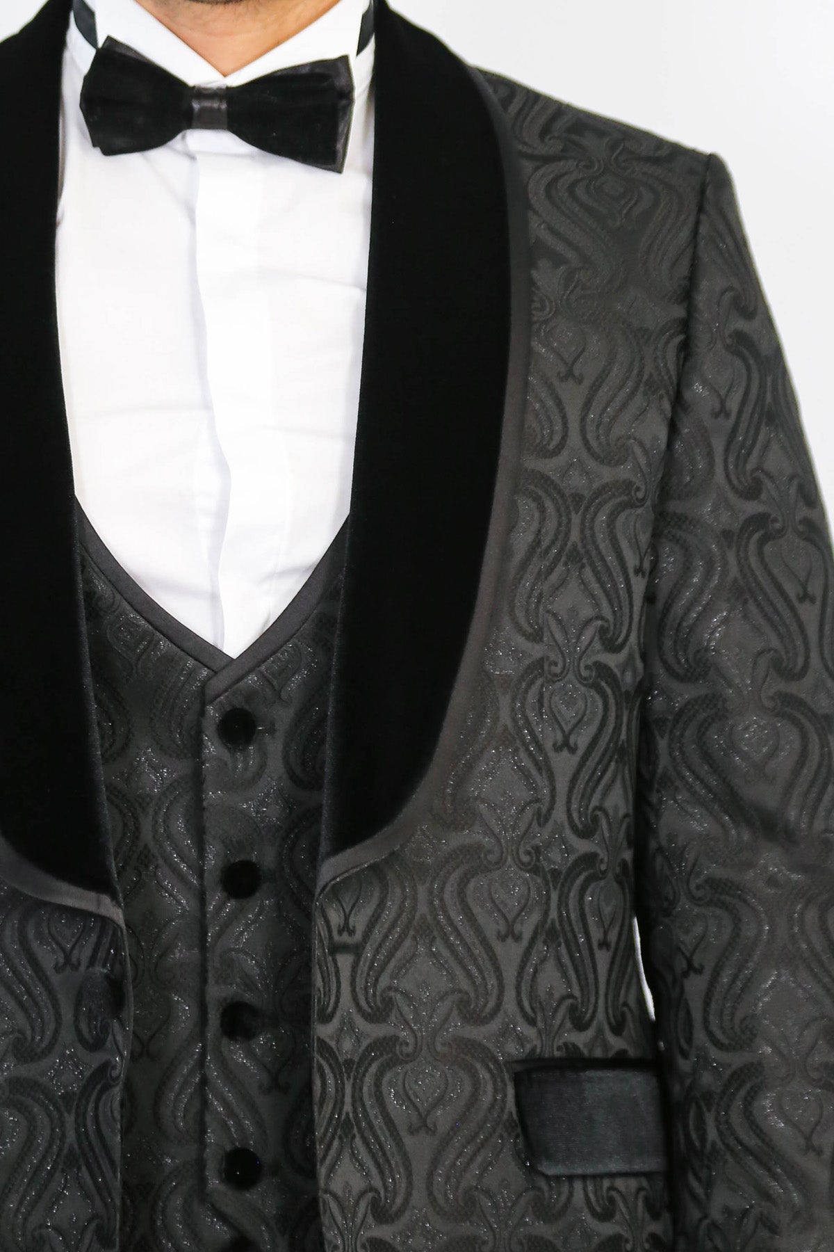Baroque Patterned Velvet Shawl Collar Vested Glittery Black Tuxedo - Wessi