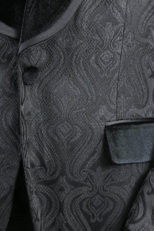 Baroque Patterned Velvet Shawl Collar Vested Glittery Black Tuxedo - Wessi
