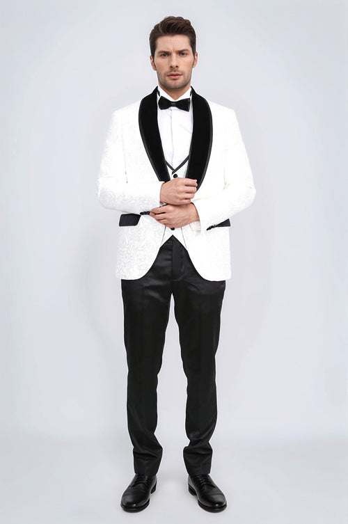 Baroque Patterned Velvet Shawl Collar Vested White Tuxedo - Wessi