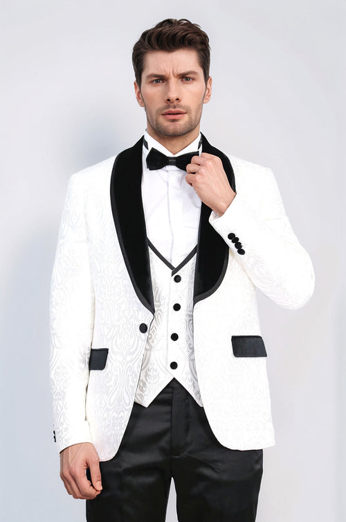 Baroque Patterned Velvet Shawl Collar Vested White Tuxedo - Wessi