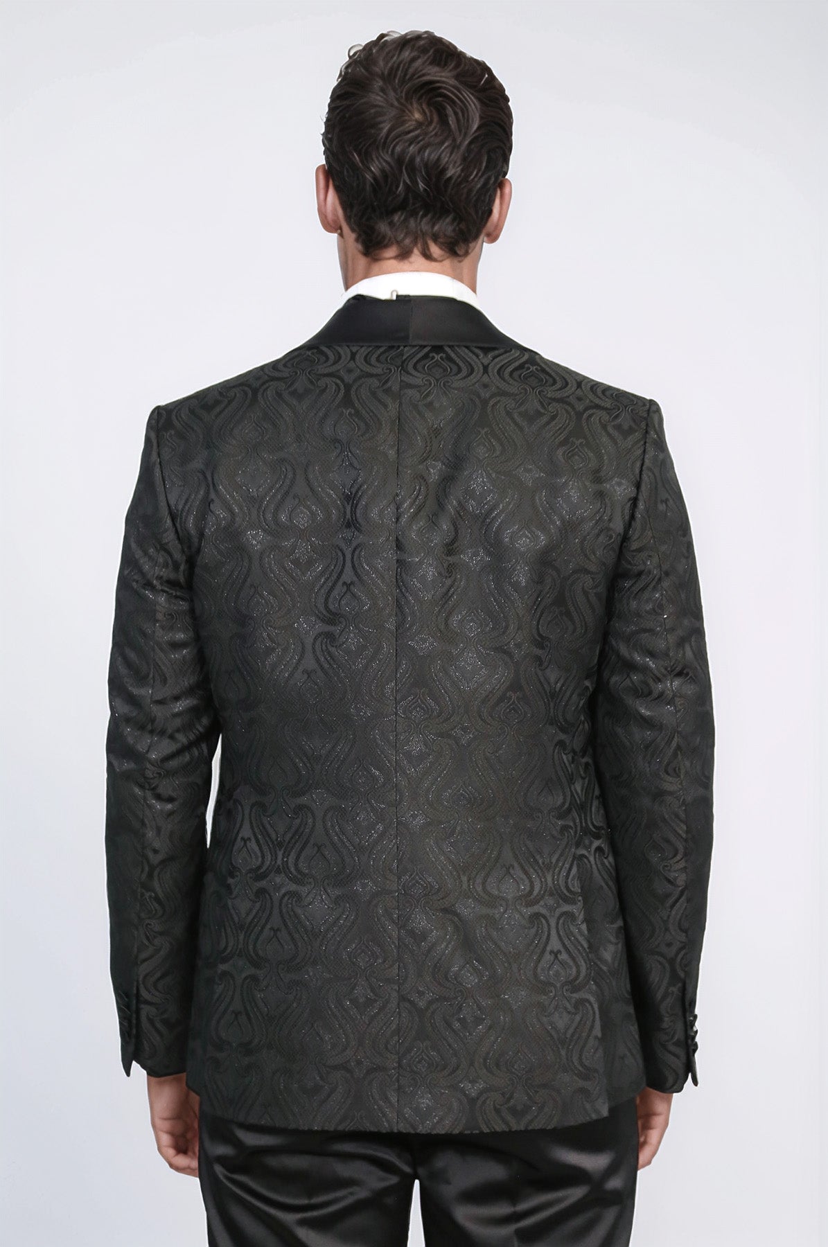 Wavy Patterned Shawl Collar Vested Black Tuxedo - Wessi