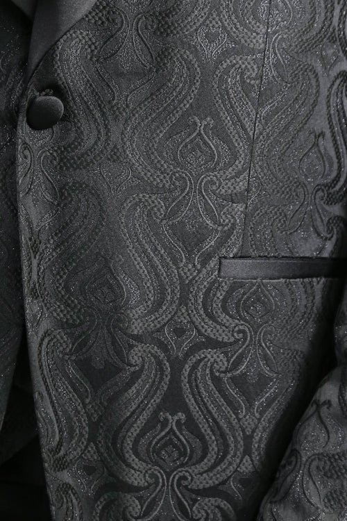Wavy Patterned Shawl Collar Vested Black Tuxedo - Wessi