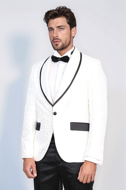 Damask Patterned Shawl Collar White Tuxedo - Wessi
