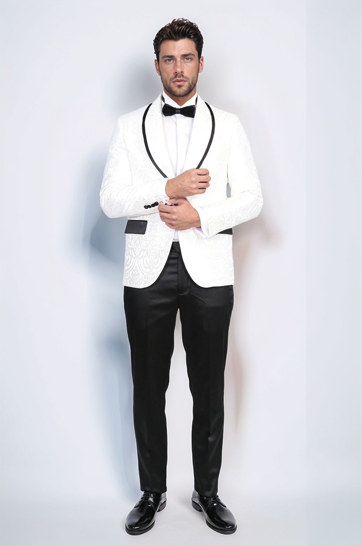 Damask Patterned Shawl Collar White Tuxedo - Wessi