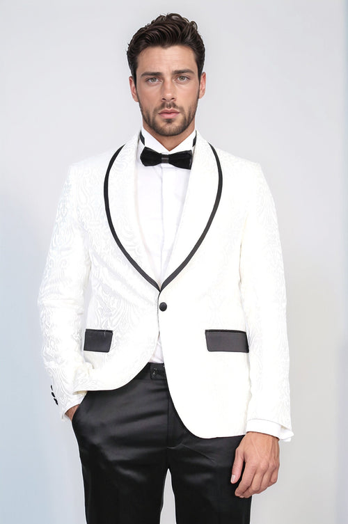 Damask Patterned Shawl Collar White Tuxedo - Wessi