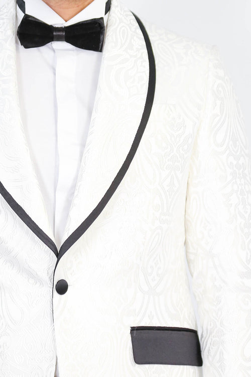 Damask Patterned Shawl Collar White Tuxedo - Wessi