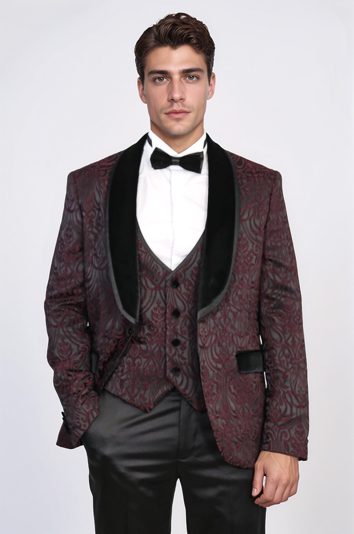 Baroque Patterned Velvet Shawl Collar Vested Burgundy Tuxedo - Wessi