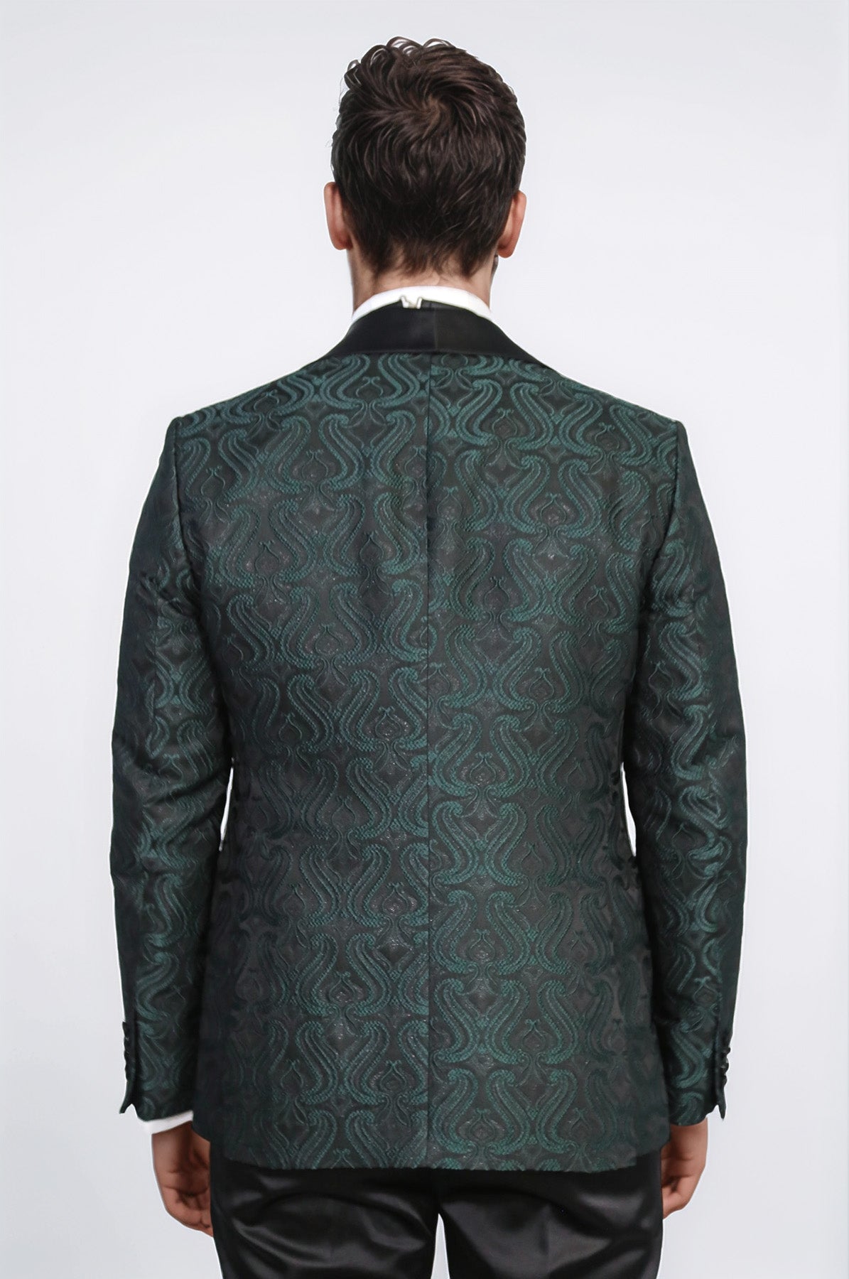 Wavy Patterned Shawl Collar Vested Green Tuxedo - Wessi