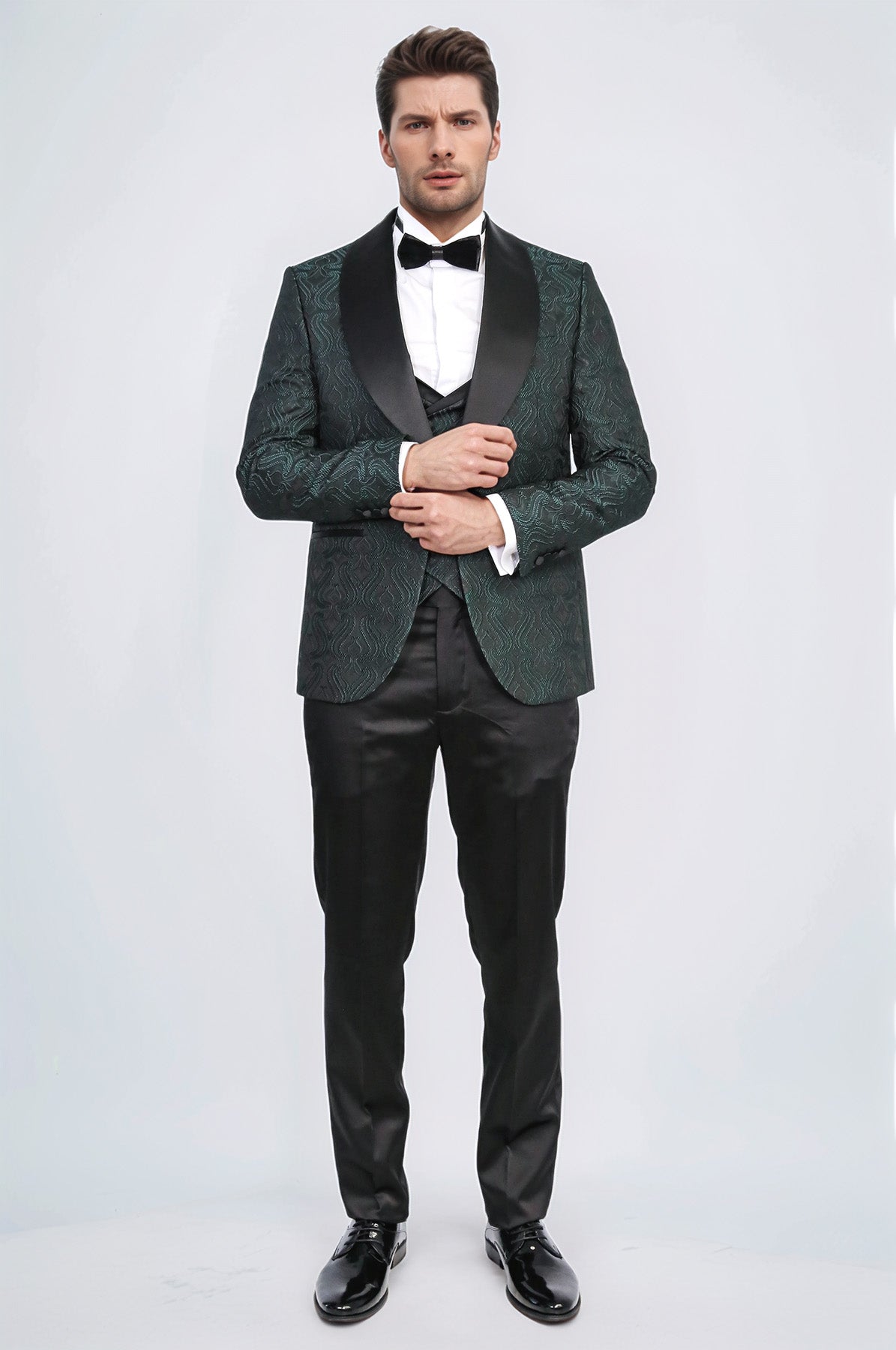 Wavy Patterned Shawl Collar Vested Green Tuxedo - Wessi
