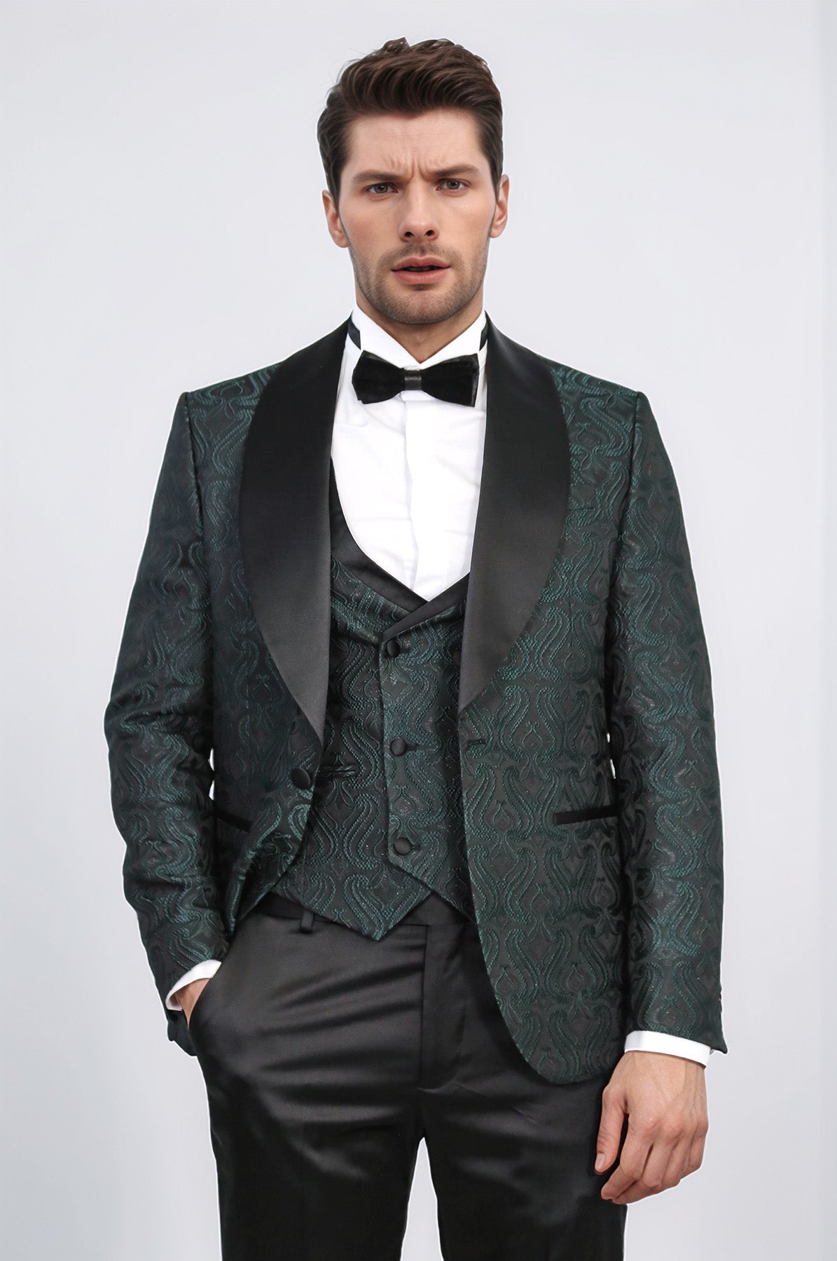 Wavy Patterned Shawl Collar Vested Green Tuxedo - Wessi