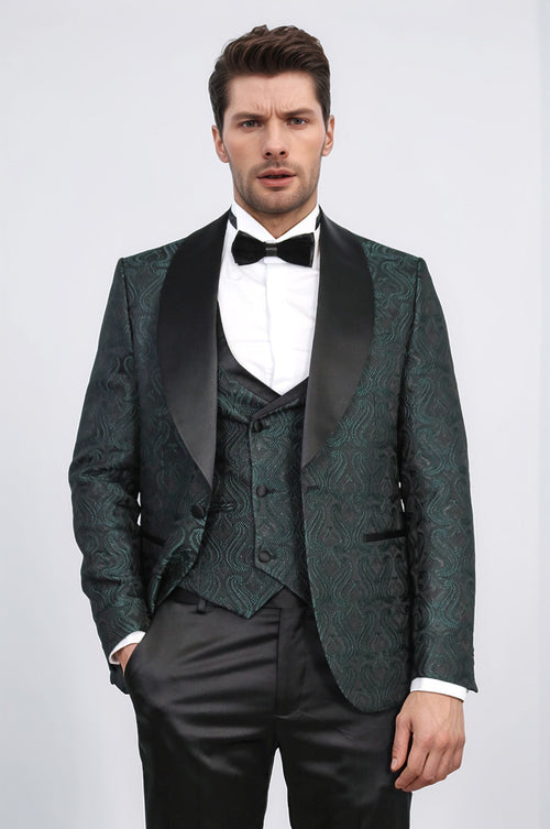 Wavy Patterned Shawl Collar Vested Green Tuxedo - Wessi