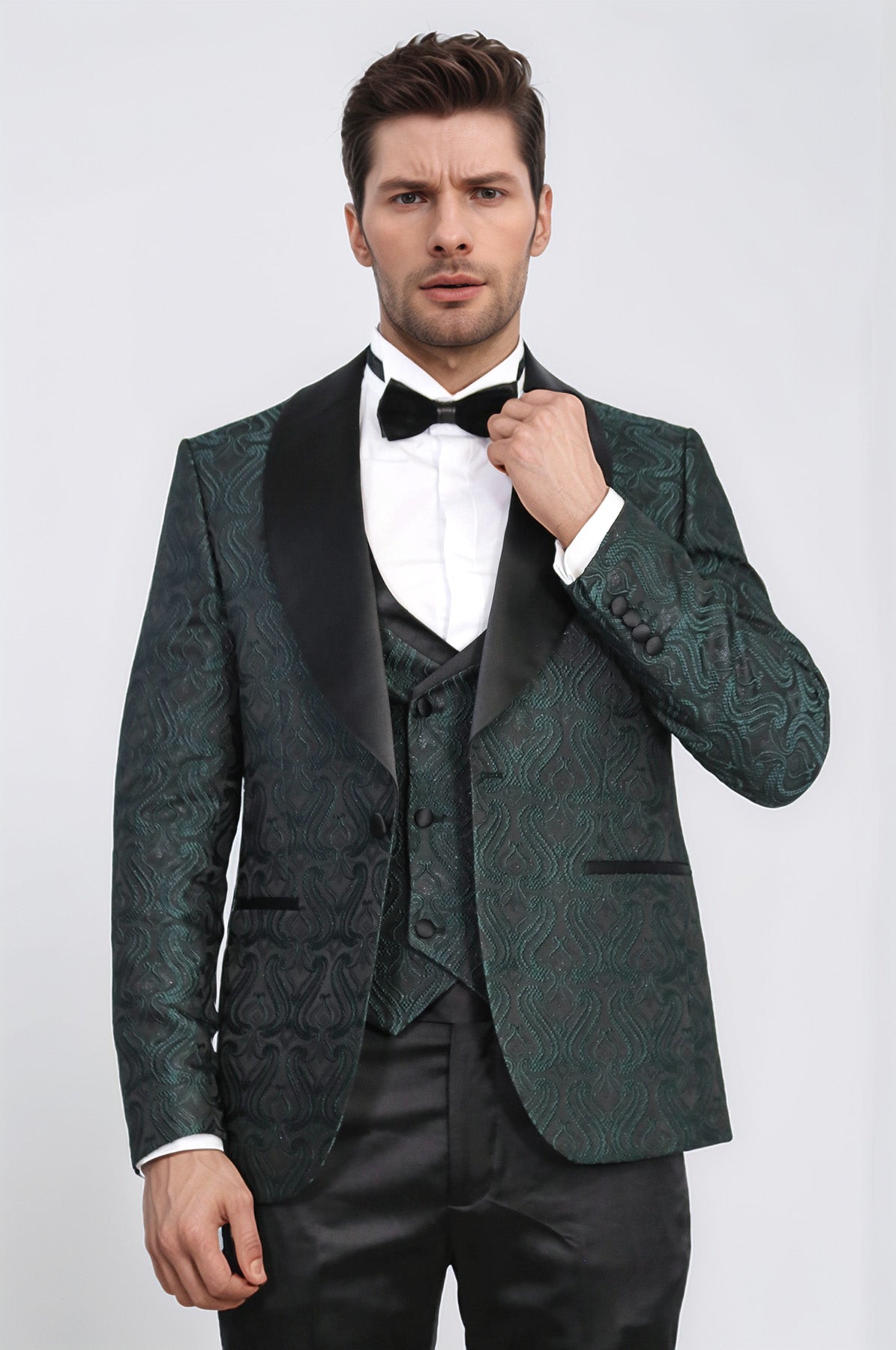 Wavy Patterned Shawl Collar Vested Green Tuxedo - Wessi