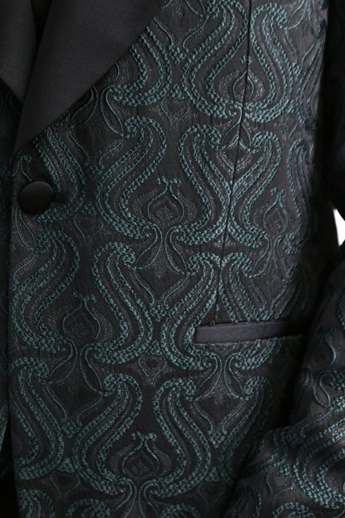Wavy Patterned Shawl Collar Vested Green Tuxedo - Wessi