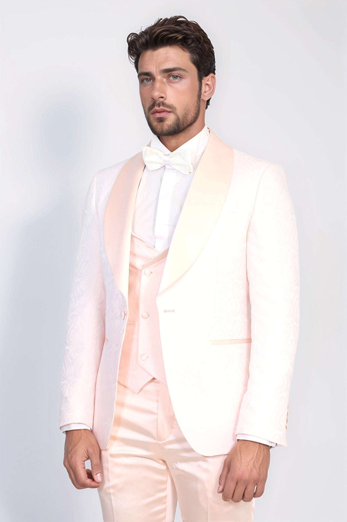 Wavy Patterned Shawl Collar Vested Powder Pink Tuxedo - Wessi