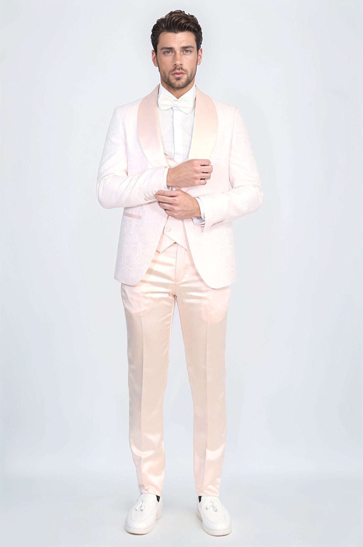 Wavy Patterned Shawl Collar Vested Powder Pink Tuxedo - Wessi