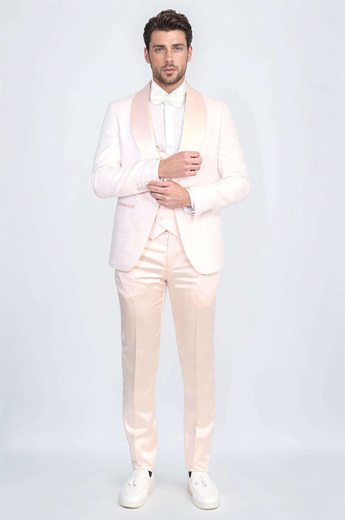 Wavy Patterned Shawl Collar Vested Powder Pink Tuxedo - Wessi