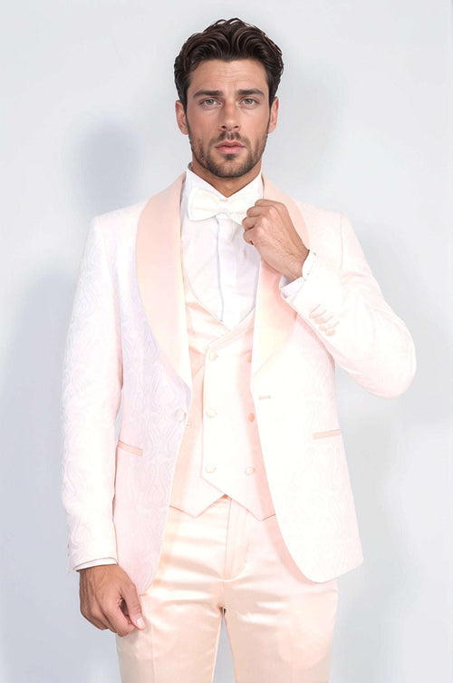 Wavy Patterned Shawl Collar Vested Powder Pink Tuxedo - Wessi
