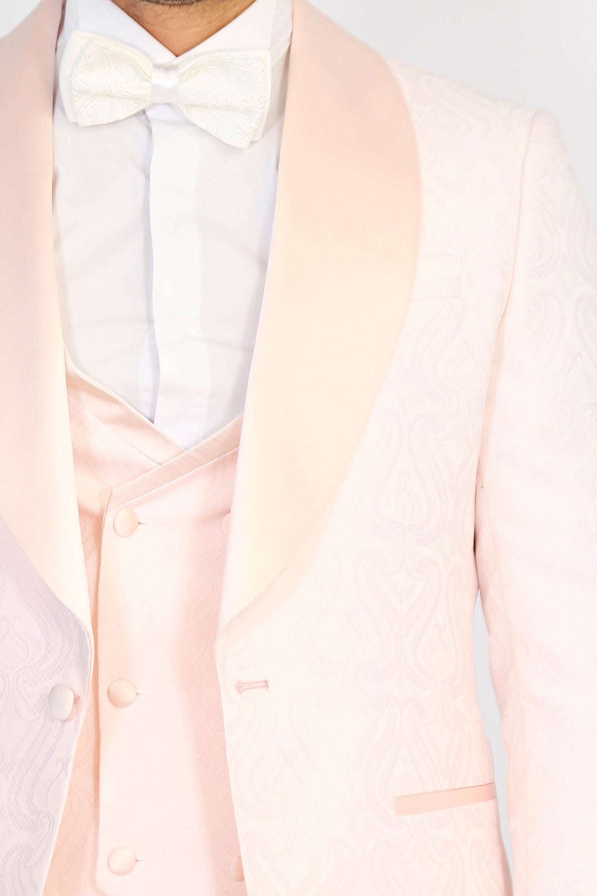 Wavy Patterned Shawl Collar Vested Powder Pink Tuxedo - Wessi