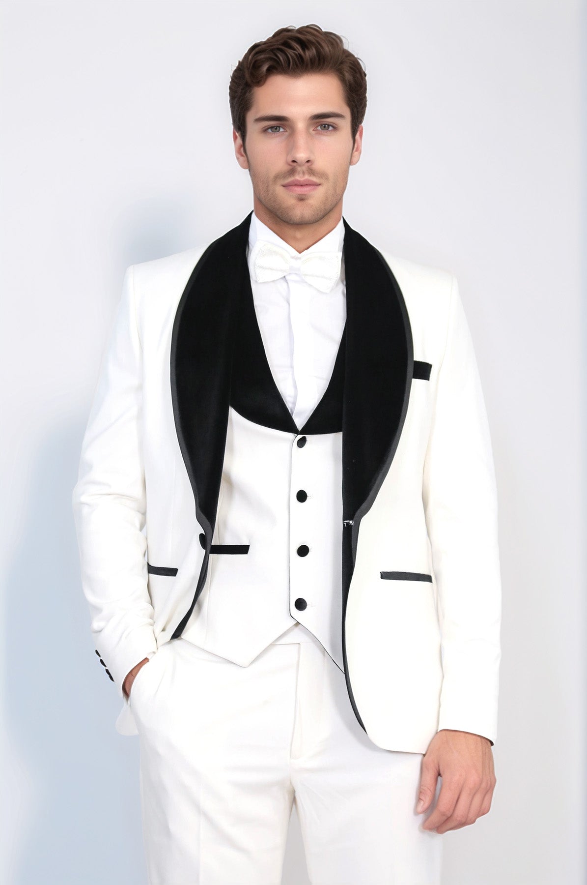 Classic Velvet Lapel White Tuxedo Suit - Wessi
