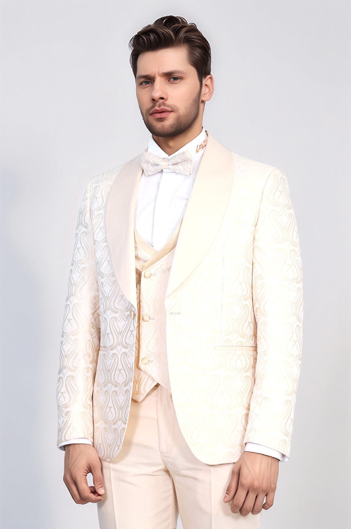 Wavy Patterned Shawl Collar Vested Cream Tuxedo - Wessi