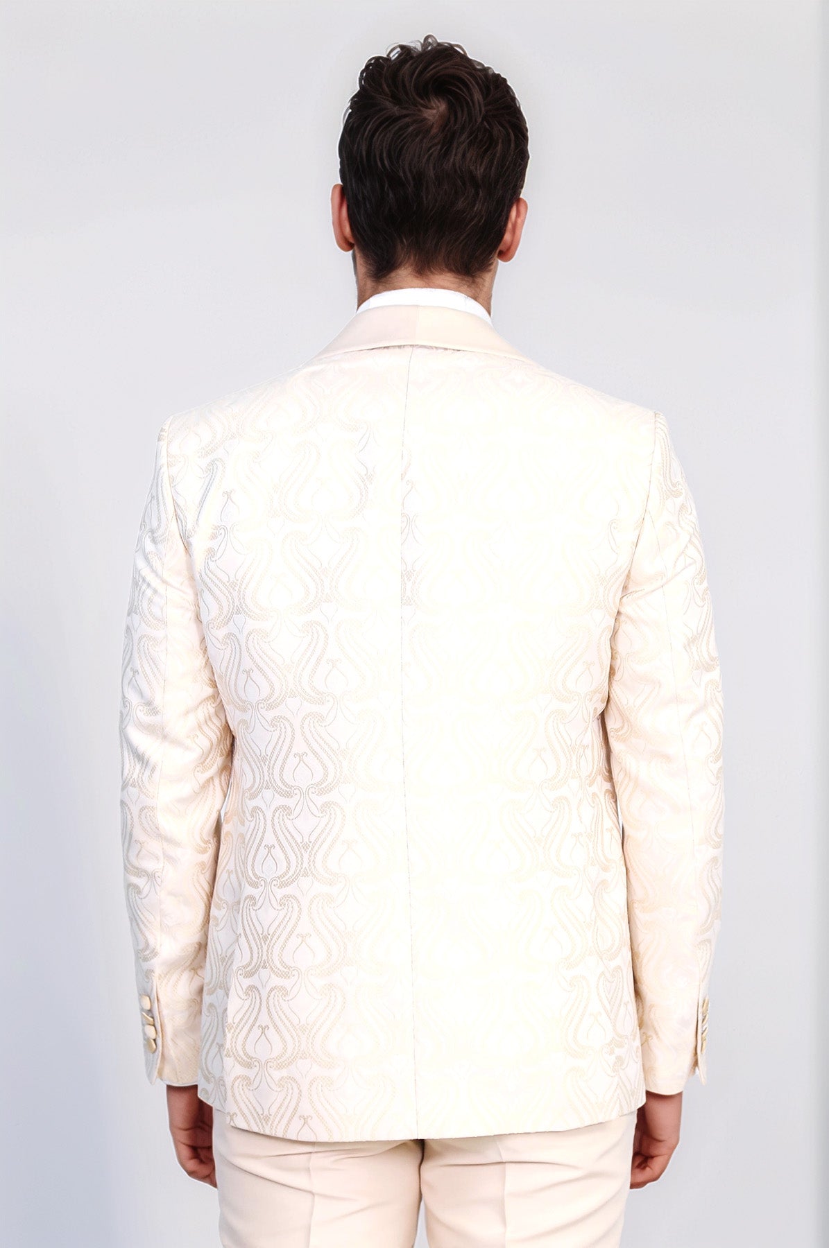 Wavy Patterned Shawl Collar Vested Cream Tuxedo - Wessi