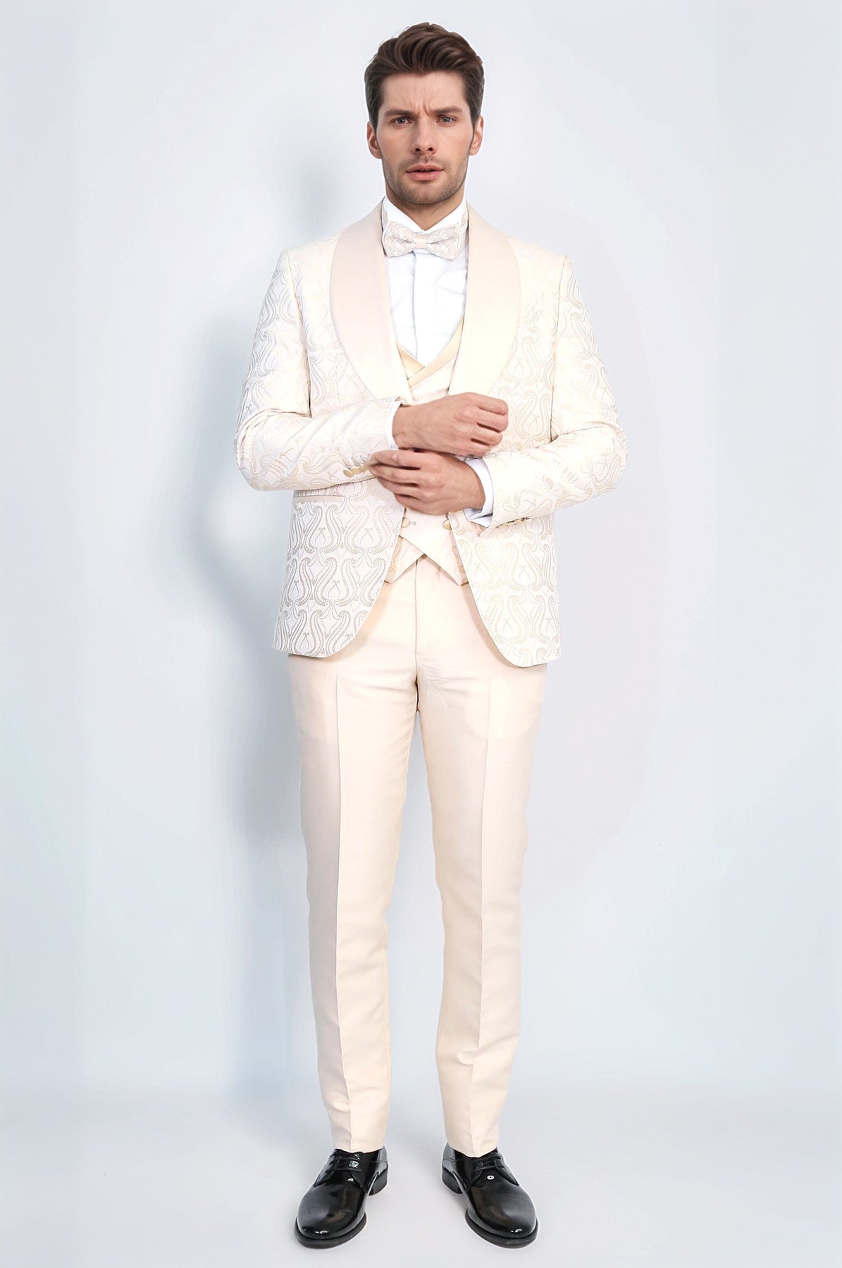 Wavy Patterned Shawl Collar Vested Cream Tuxedo - Wessi